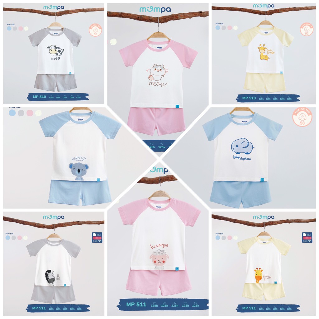 Bộ QA cộc tay Cotton Mompa cho bé 1 đến 5 tuổi hình con vật dễ thương