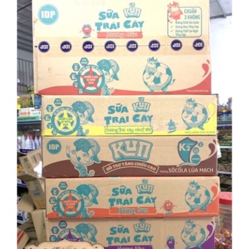 Sữa trái cây lif Kun 1 thùng 48hộp x110ml hương cam,nho,dâu, socola lúa mạch