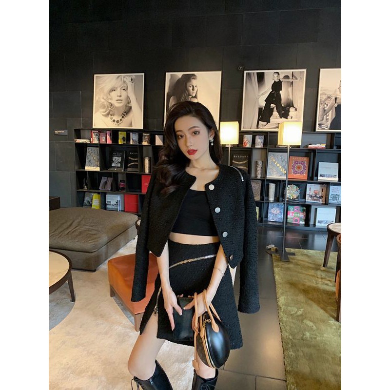 (SẴN) Set dạ tweed đen kéo khóa