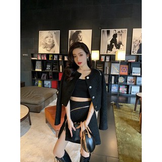 (SẴN) Set dạ tweed đen kéo khóa