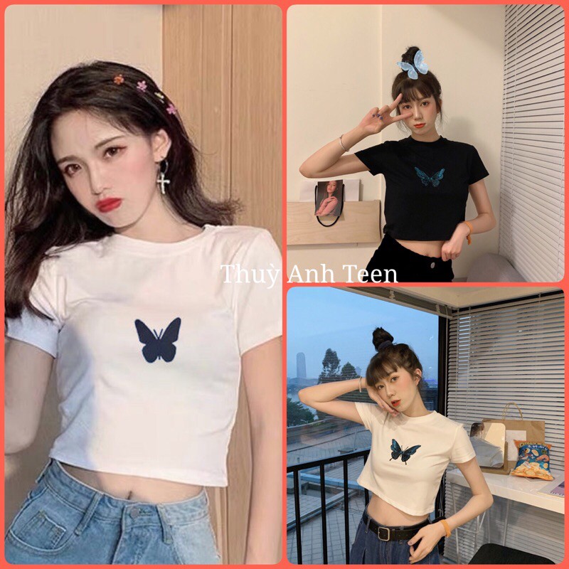 Áo croptop body tay ngắn hình bướm, áo thun nữ dáng ngắn ôm body siêu xinh