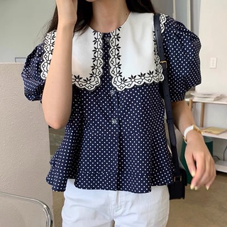 Áo peplum chấm bi xanh