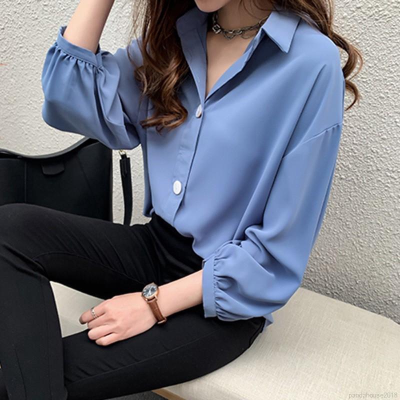 FREESHIP ĐƠN 99K_ Women Blouse Áo chiffon dáng rộng màu trơn tay dài phong cách Hàn Quốc