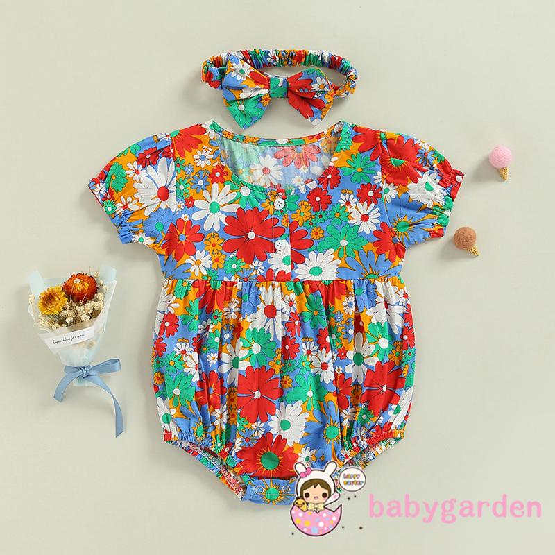 Bộ Áo Liền Quần Tay Ngắn Cổ Tròn In Hoa Kèm Băng Đô Xinh Xắn Cho Bé Gái