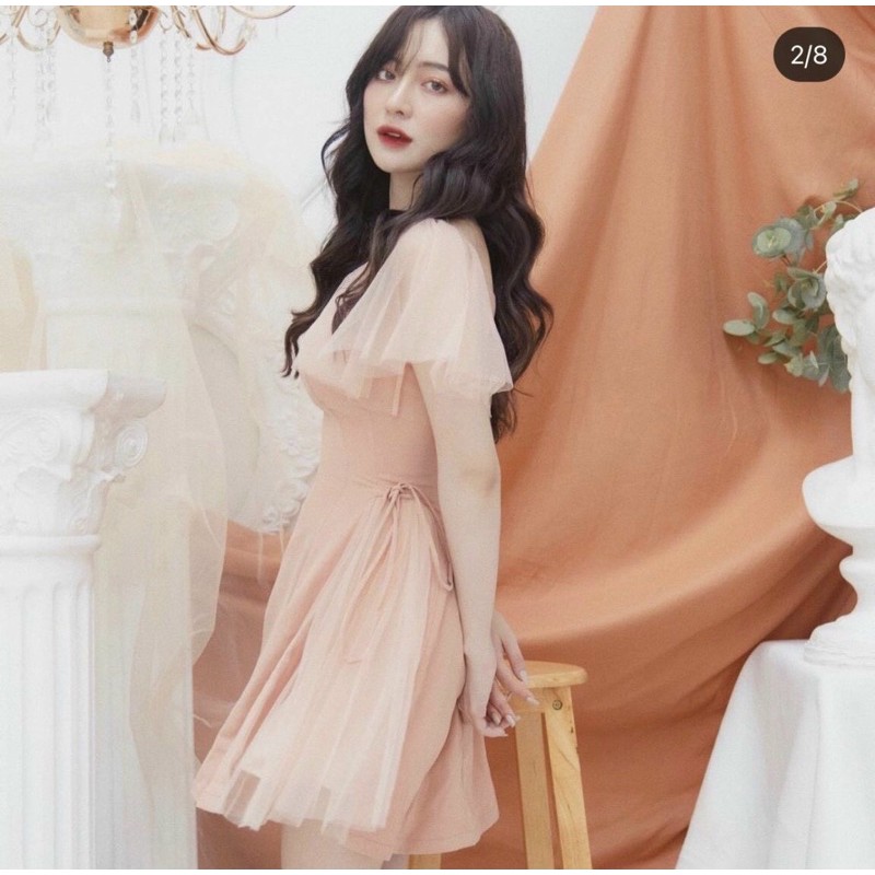 Đầm xòe thân phối lưới tay cánh tiên  tiểu thư nữ tính xd