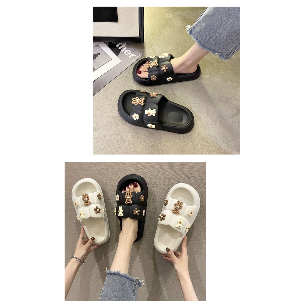 Dép lê ulzzang quai ngang đính gấu hoa nam nữ bánh mì đế cao 4cm đi mưa chất liệu xốp siêu nhẹ