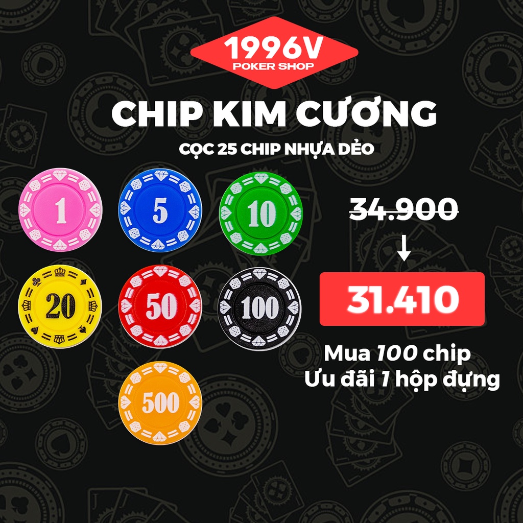 Cọc 25 chip Poker có số, phỉnh poker Kim Cương chip set pocker nhựa dẻo đẹp giá rẻ - 1996V Poker Shop