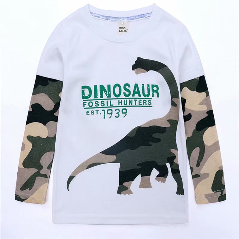 1-8 Yrs New Dinosaur Boy Tshirts Cartoon Long Sleeves Cotton Tshirt Toddler Infant T-shirts White