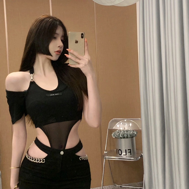 [Augustcloth] Áo tay ngắn khóa cổ khoét eo phong cách Hàn Quốc