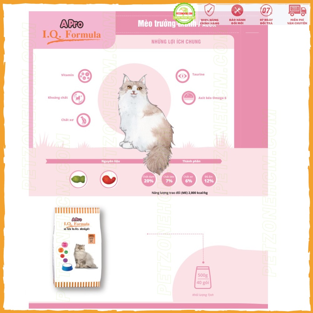 Thức Ăn Hạt Khô Cho Mèo APro IQ Formula 500g 🏷️ FREESHIP🏷️ thức ăn công thức tăng cường IQ, Vitamin, chất dinh dưỡng