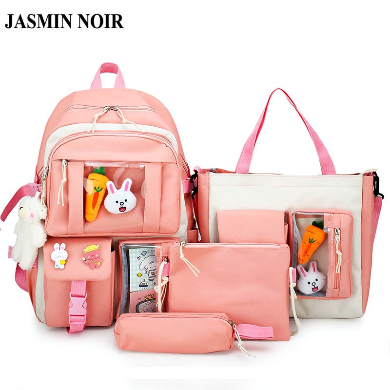 Set 4 ba lô túi ví canvas JASMIN NOIR họa tiết hoạt hình dễ thương cho nữ