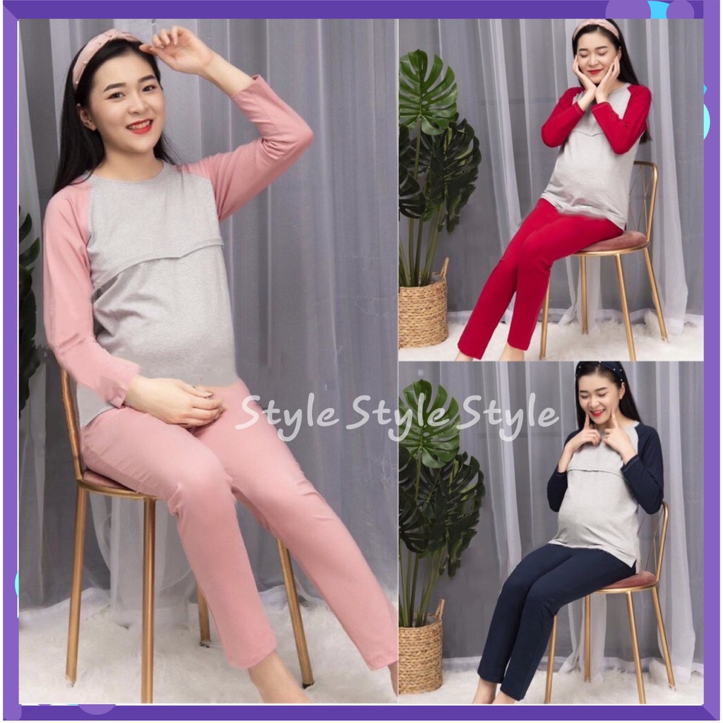 Bộ đồ bầu và sau sinh Dài Tay hàng cotton sài gòn có khóa kéo ngang cho con bú sau sinh BD915