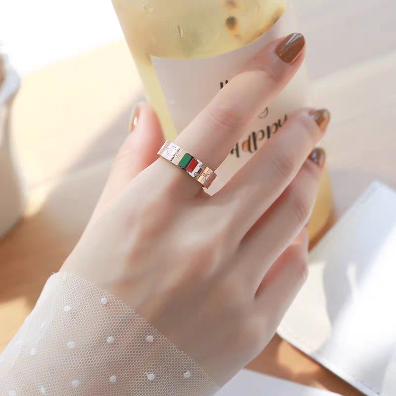 Nhẫn Họa Tiết Thanh Xanh Đỏ | Nhẫn Bản Rộng Bằng Thép Titan Mạ Vàng Hồng 18k Cao Cấp | Trang Sức Bằng Thép Không Gỉ Không Thấm Nước Không Gây Dị Ứng