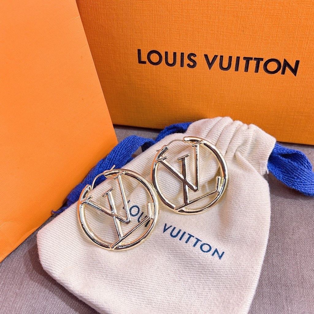 LOUIS VUITTON Khuyên Tai Tròn Mạ Bạc S925 Họa Tiết Chữ LV Sang Trọng Dành Cho Nữ