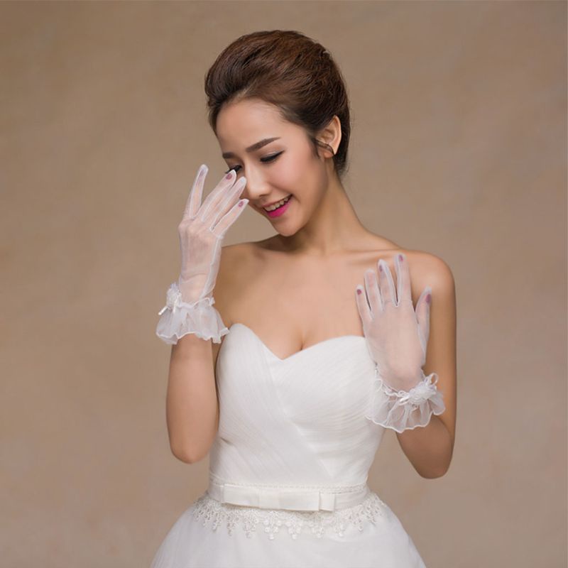 Xiangbao Găng Tay Lưới Mỏng Phối Hoa Hở Ngón Thời Trang Cho Cô Dâu Gla