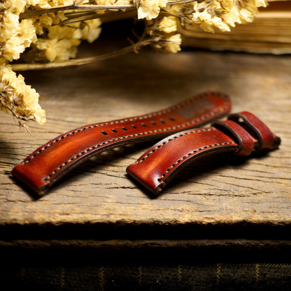Dây đồng hồ da bò vegtan thảo mộc nâu đỏ burgundy RAM classic 1974 - tặng khóa chốt và cây thay dây thumbnail