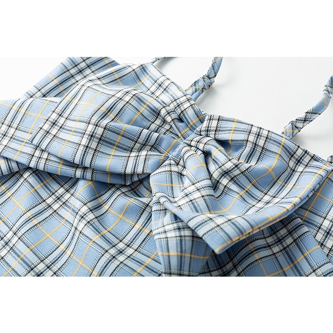Aespa Winter Croptop Hai Dây Thắt Nơ Họa Tiết Sọc Ca Rô Thời Trang Mùa Đông Quyến Rũ