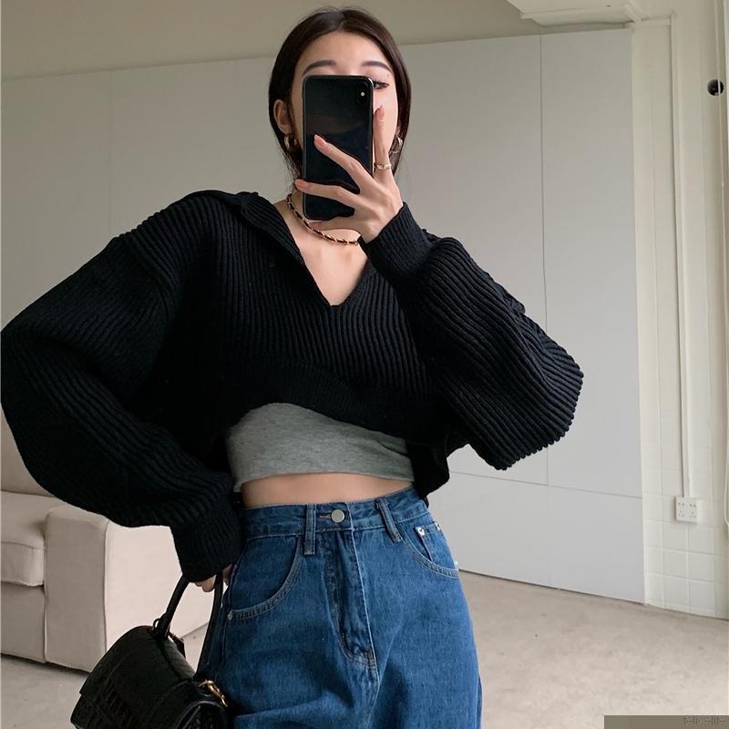 Áo Croptop Dệt Kim Tay Dài Cổ Chữ V Dáng Rộng Thời Trang Thu Đông Cho Nữ