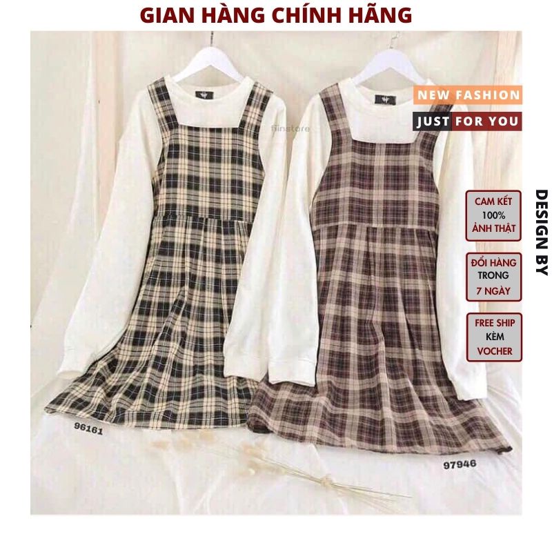 Set váy yếm kẻ 2 dây kèm áo  dáng xòe kiểu dáng ulzaang hàn quốc hot trend