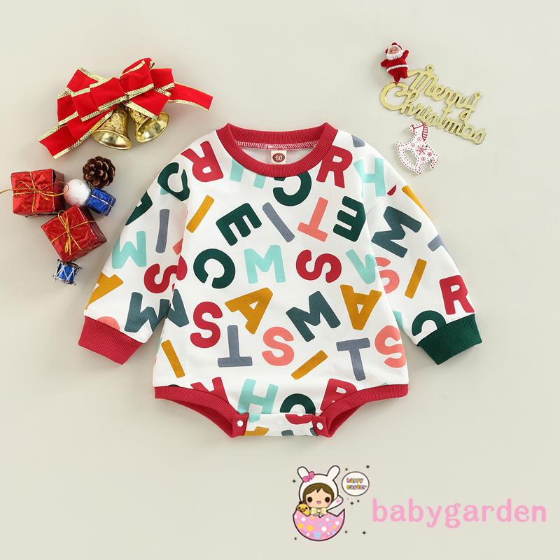 Bộ Áo Liền Quần Tay Dài Cổ Tròn In Hình Ông Già Noel / Chữ Dễ Thương Thời Trang Cho Bé Trai Và Gái 0-18 Tháng Tuổi