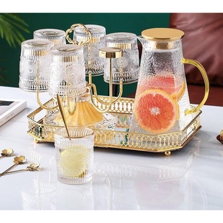 Combo bình đựng nước uống  6 cốc thủy tinh chịu nhiệt cao cấp lên tới 400 độ c kèm giá úp cốc, khay đáy gương