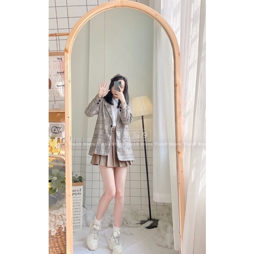 Áo blazer 2 lớp kẻ nâu tây Tia19. Áo khoác vest kẻ caro ulzzang hai lớp