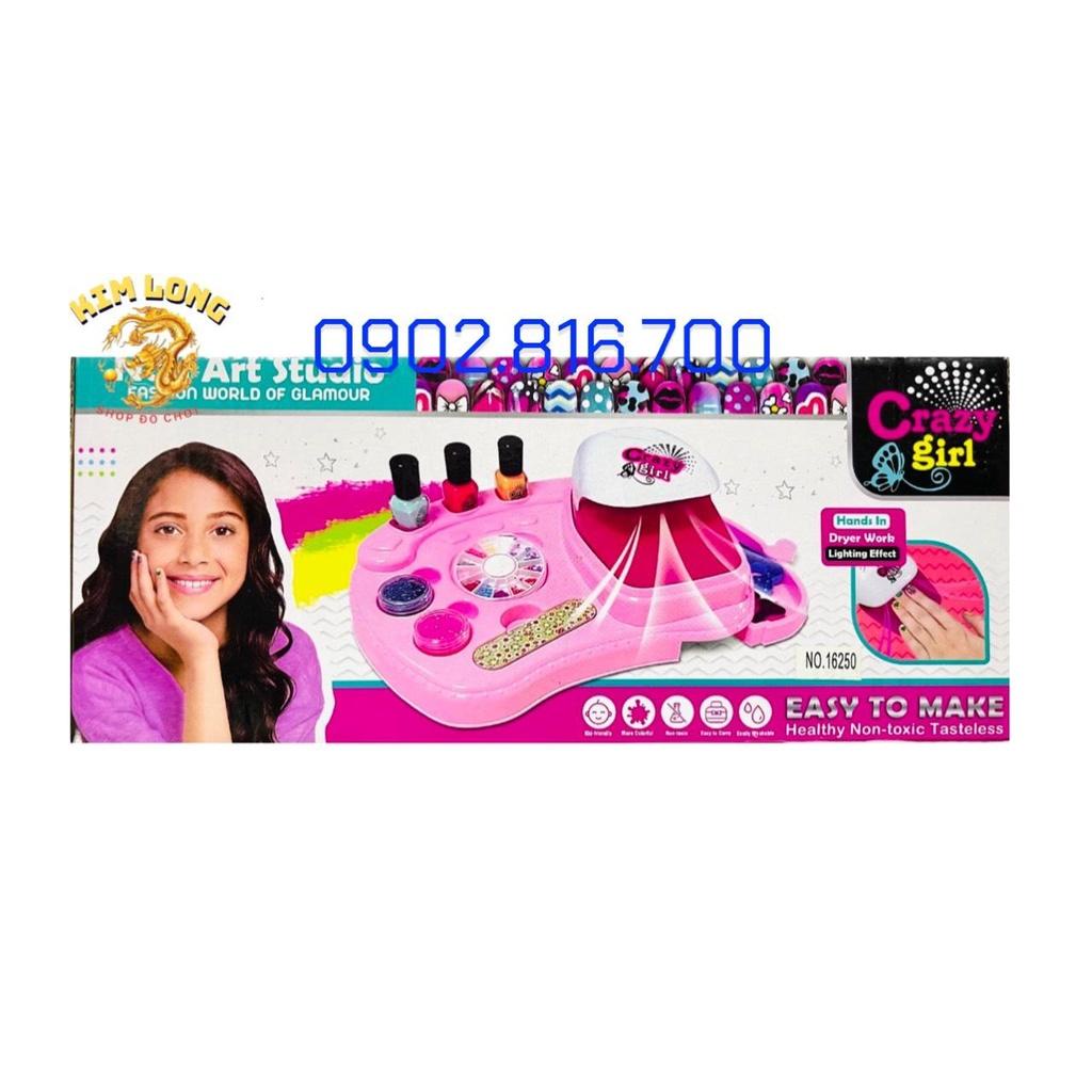 Bộ đồ chơi làm nail nghệ thuật sơn móng tay thật có máy hơ móng sử dụng pin màu hồng cho bé gái