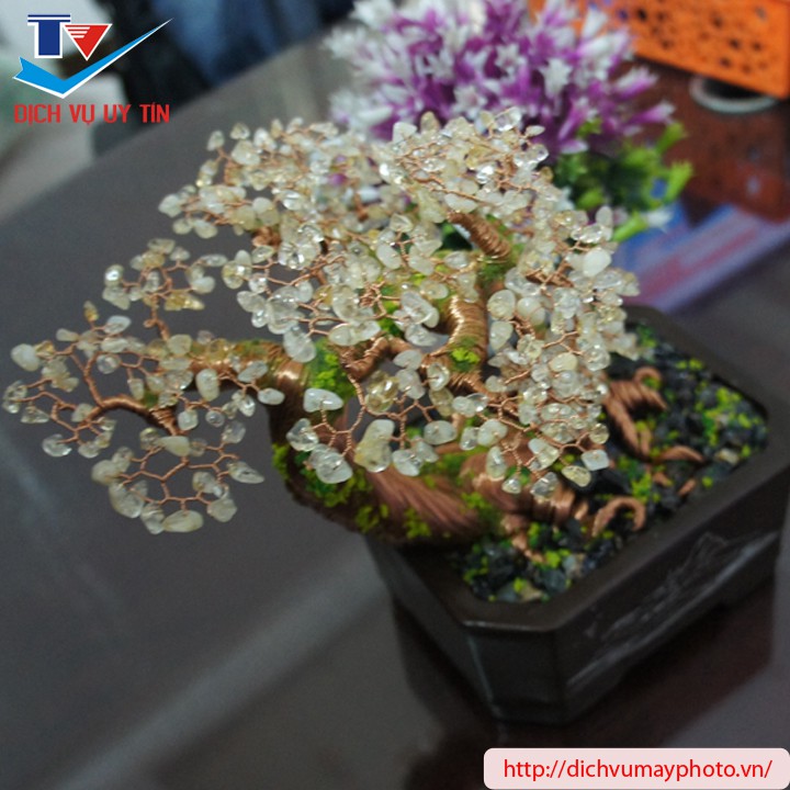 Cây cảnh mini để bàn bonsai thân dây đồng hoa lá thạch anh đá nhân tạo đa pha lê