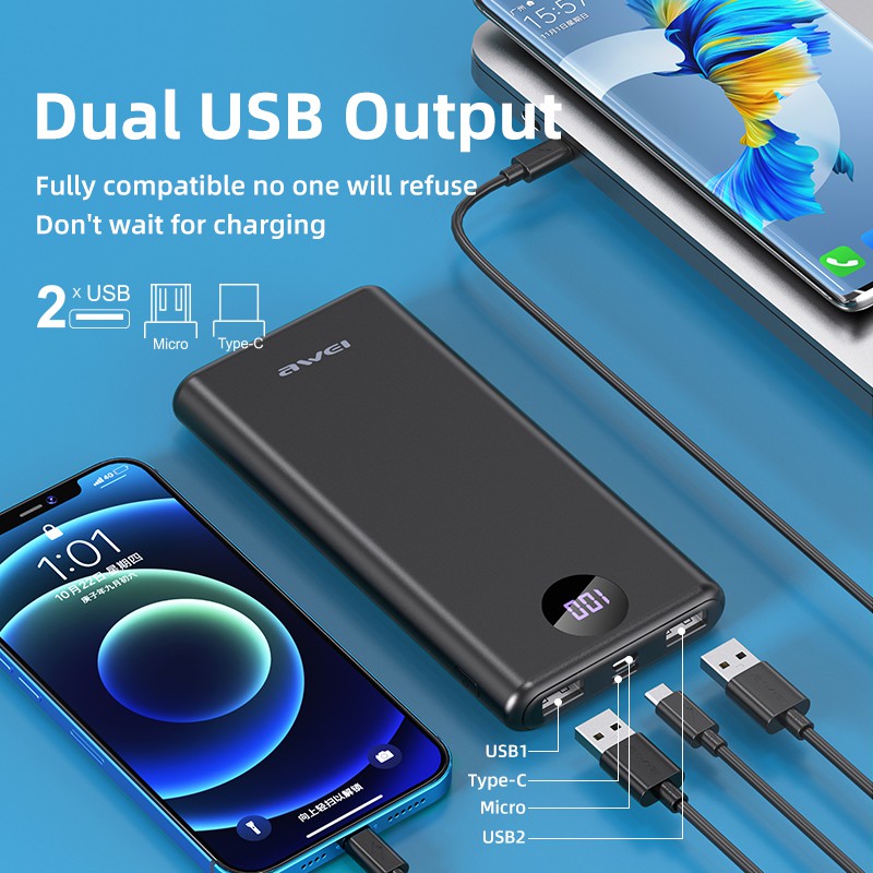 Sạc Dự Phòng Polymer Awei P117K 10000mAh Nhỏ Gọn Sạc Siêu Nhanh PD22.5W USB Kép Có Màn Hình LED