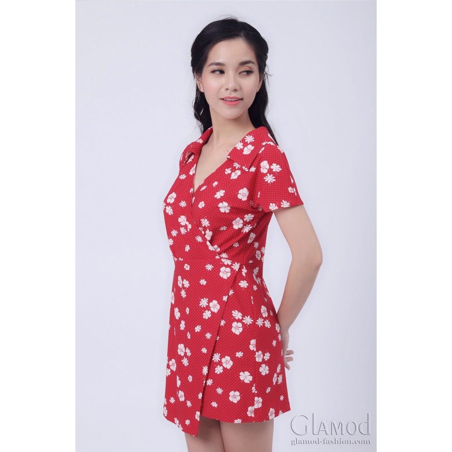 Glamod Jumsuit cổ sen đắp qua, giả váy G9.025 _ đỏ bông kem