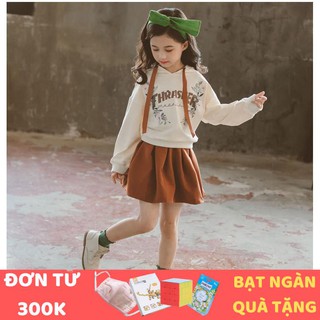 [QUÀ 1/6 CHO BÉ] Set váy bé gái áo hoodie trắng sữa, chân váy xếp ly màu nâu TE2025