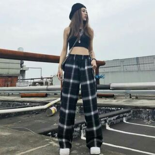 Quần Lưng Thun Ke Sọc Caro Ống Rộng Ulzzang