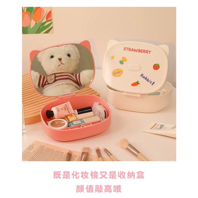 [Tặng Sticker] Gương tai mèo cute - Hộp đựng đồ makeup có gương tiện lợi đi du lịch