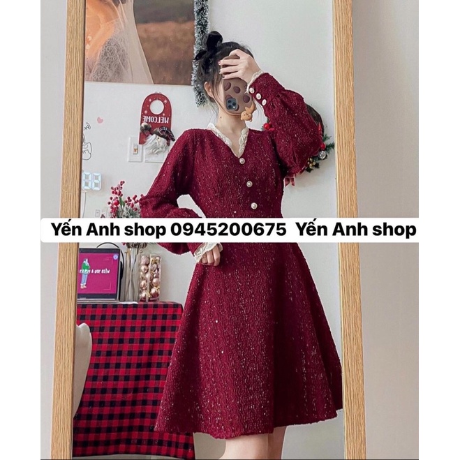 Váy dạ tweet pha ren cổ cúc ngọc