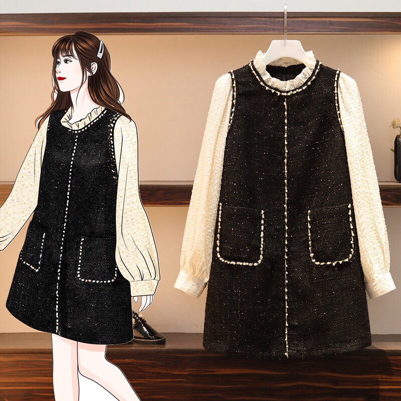 Bigsize Váy vải dạ tweed tay ren điệu nữ tính phù hợp dự tiệc ( order)