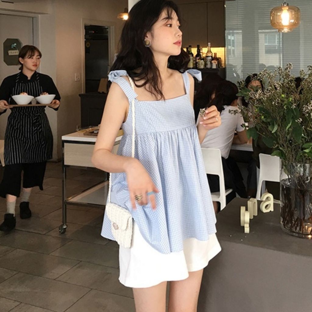 Set áo babydoll hai dây thắt nơ kẻ xanh và quần short / Set đồ ulzzang xinh freesize - Có ảnh feedback