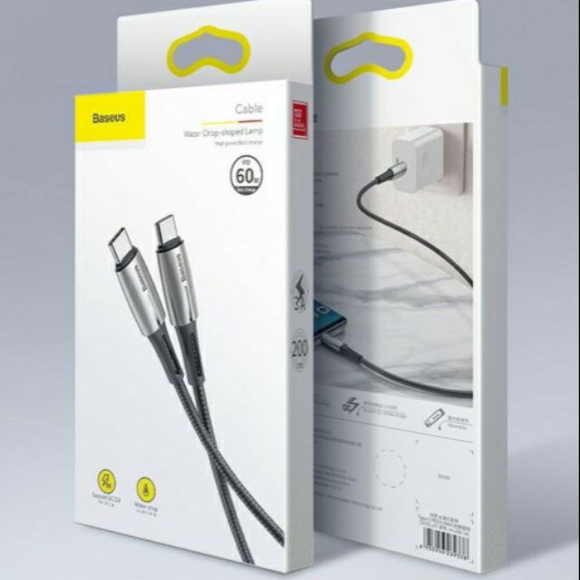 Cáp sạc nhanh &amp; truyền Data PD Baseus Water Drop-Shaped Lamp C to C (3A, 20V, 60W, Power Delivery, QC3.0 Quick