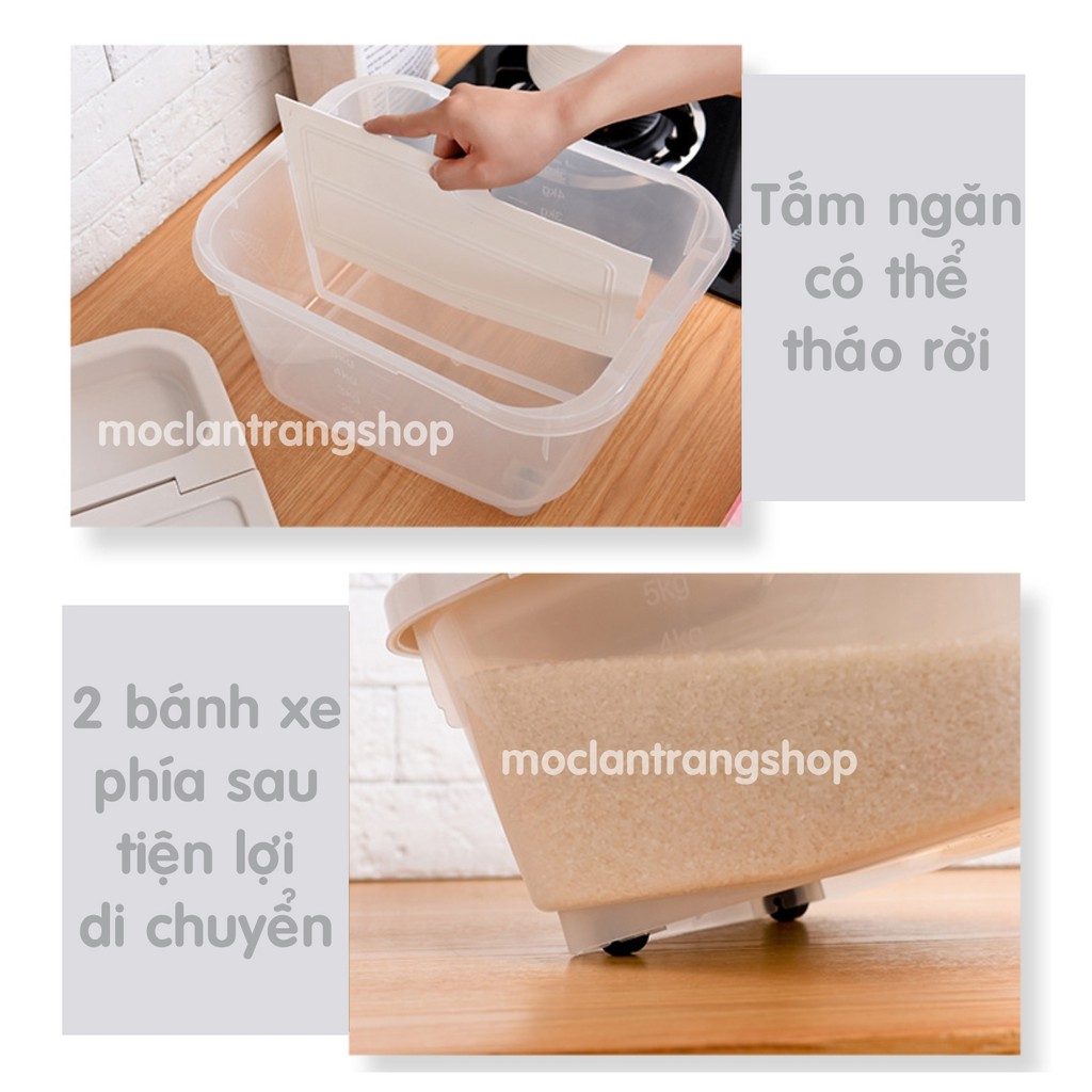 Thùng gạo 2 ngăn linh hoạt kiêm kệ để đồ nhà bếp, thùng gạo 10kg có bánh xe, hộp để ngũ cốc đồ khô chia ngăn