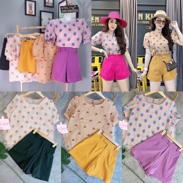 SET ÁO HOA NỔI QUẦN MỊN MÁT CÓ TÚI ,DÂY KÉO ,PHÍA SAU BO THUN