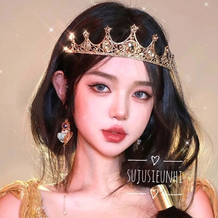 (3 màu) vương miện công chúa đính mặt hình tròn họa tiết lượn sóng xen kẽ dành cho cô dâu, dự tiệc sang trọng