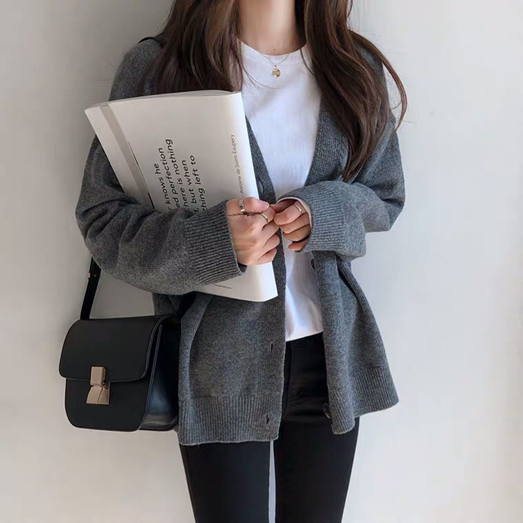 Áo khoác cardigan len nữ dày dài áo khoác màu đen nâu kaki xám ulzzang vintage Hàn Quốc mùa đông 2021 AC8