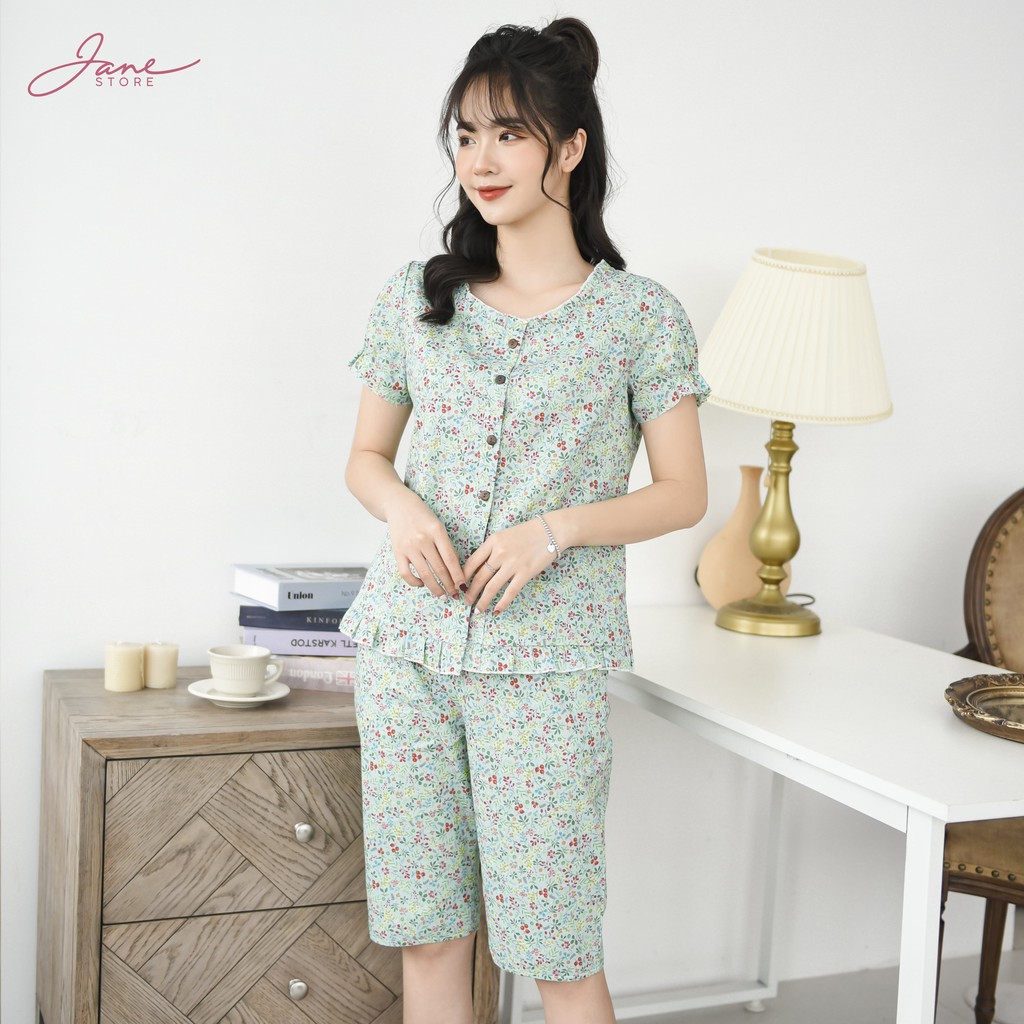 Đồ bộ mặc nhà áo cộc quần lửng Set đồ ngủ nữ màu xám hoa nhí Jane mã LT02