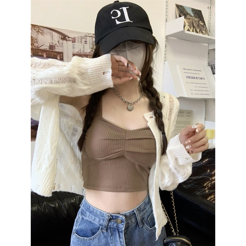 【ZHELIHANGFEI】Áo Cardigan Dệt Kim Tay Dài Lưng Cao Kiểu Dáng Quyến Rũ