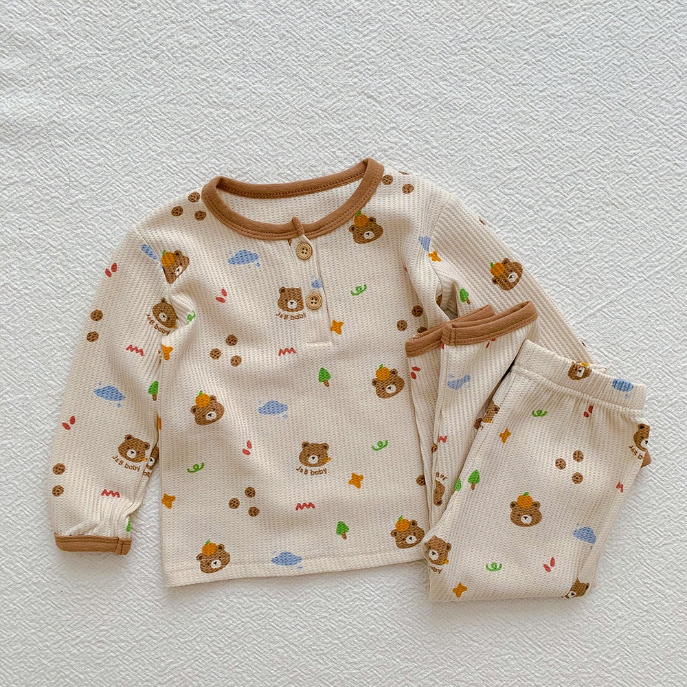 Set quần áo sơ sinh dài tay vải cotton tổ ong mặt gấu họa tiết bắt mắt, Bộ quần áo bé trai và bé gái mềm mại thoáng mát