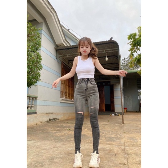 Quần jeans nữ lưng cao mã 22 ôm body lưng siêu cao rách gối loang màu