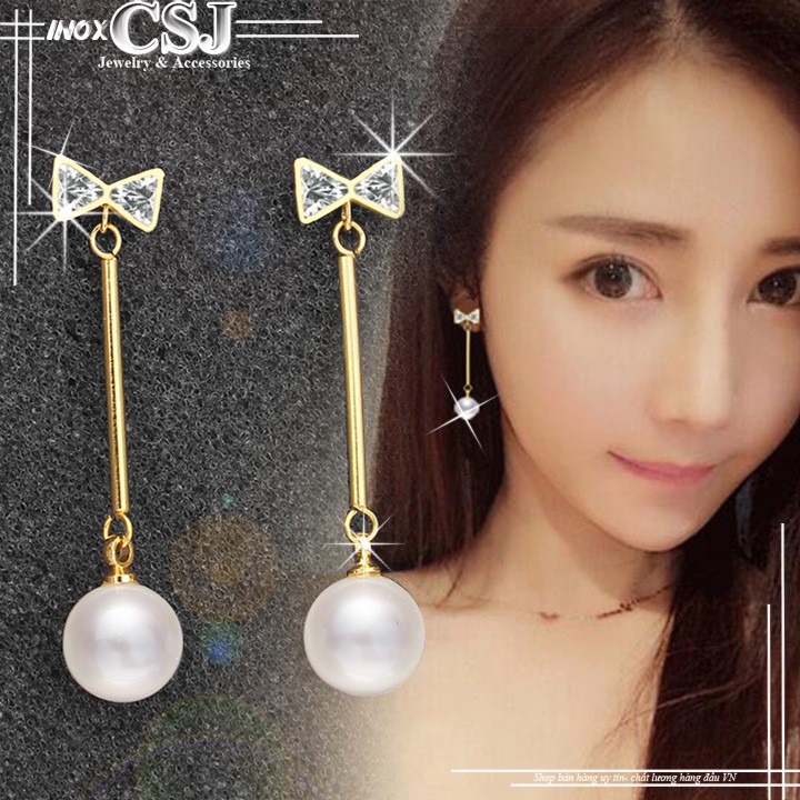 Bông tai inox nữ thời trang nơ cách điệu ngọc trai xinh xắn mạ vàng không đen