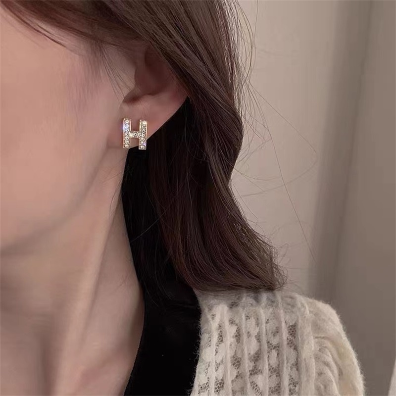 Hàng có sẵn Khuyên tai kim bạc 925 hình chữ H đính đá kim cương đơn giản tinh tế phong cách Hàn Quốc