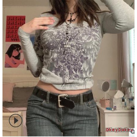 Áo tay dài cổ tròn in họa tiết lông vũ phong cách vintage cho nữ