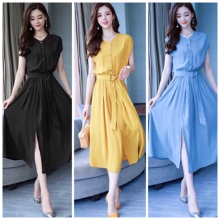 Đầm váy suông xẻ tà kèm belt