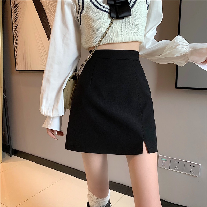 QADCOL Chân váy chữ A lưng cao phong cách Hàn Quốc